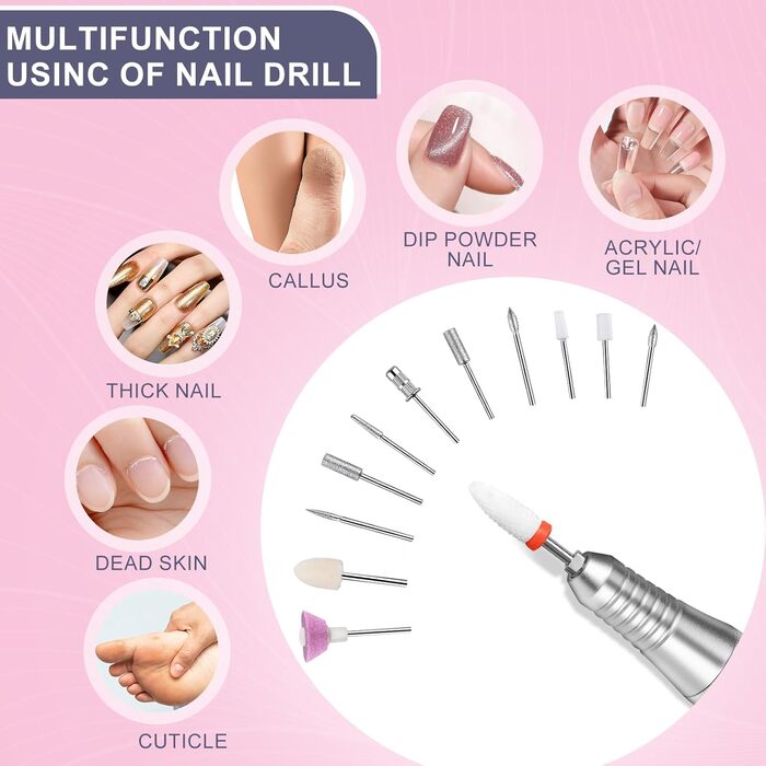 Електрична фрезер для нігтів 12в1 з кейсом, 40000 об/хв - професійний набір для манікюру та педикюру, для гелю та акрилу (білий)