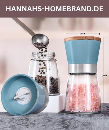 Мельниця для солі та перцю Hannah's Homebrand з керамічним механізмом - міцна для крупної солі (аквамарин, 2 шт.)