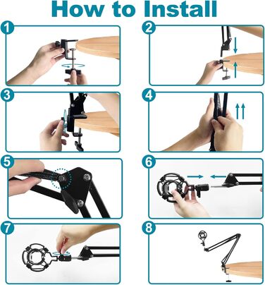 Кріплення для мікрофона на кронштейні, регульоване, чорне, з амортизатором, поп-фільтром, 5 кабельних стяжок. Підходить для запису, подкастів, телевізійних студій