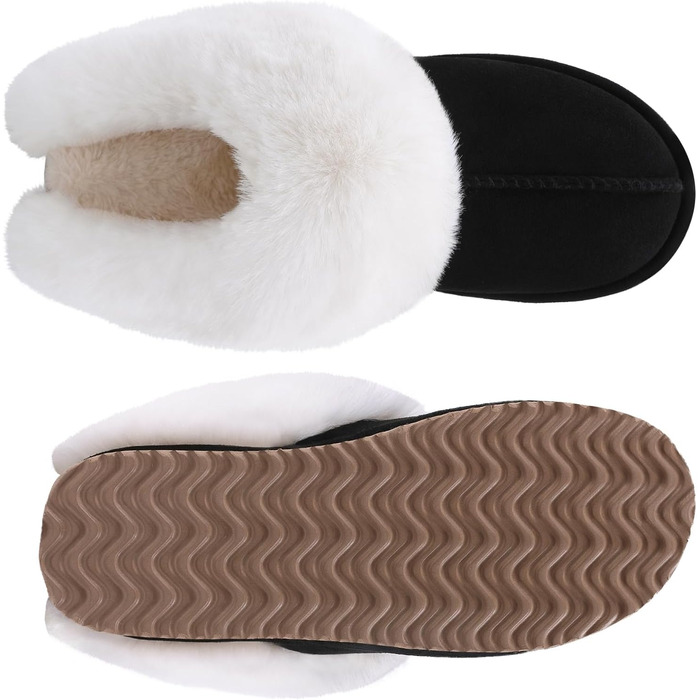 Жіночі халапи Litfun Зимові теплі плюшеві тапочки з замшею та піною Memory Foam з штучним хутром на комірі. Підходять для дому та вулиці (Чорний, 37.5/38 EU)