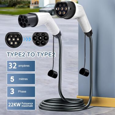 Кабель для зарядки електромобіля Type 2 (22kW, 32A, 5M) з варіатором напруги 3-фазний, з сумкою, для Tesla, e-Golf, ID.3, i3 (TÜV/CE/IP65)