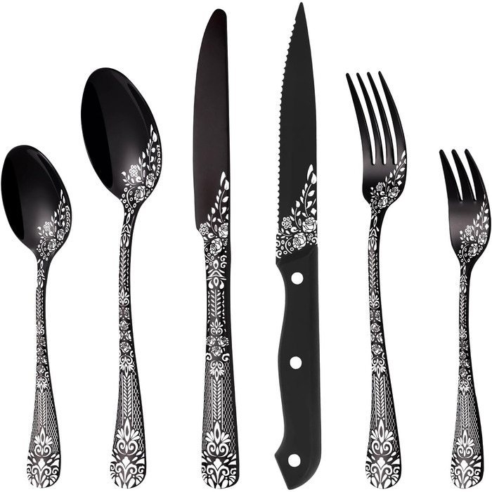 Black Cutlery Set for 6 People, HONKKU 36-Piece Stainless Steel Cutlery Set with Steak Knives, Eating Utensil Set Mirror Polished with Floral Patterns, Fork Spoon Knife Set Dishwasher Safe