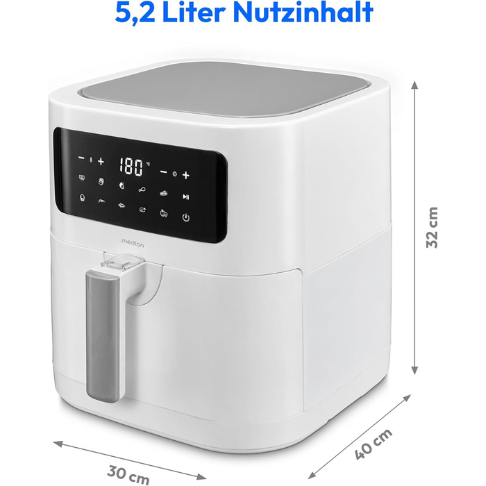 MEDION E40 XL Фритюрниця з гарячим повітрям MD11740 (5.2 л, 2150 Вт, 9 програм, функція випікання, без олії, сенсорне управління, LED дисплей, білий)