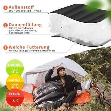 QEZER Ultralight Down Sleeping Bag - 8°C to -3°C for Camping, Hiking, and Trekking - 3 Season Sleeping Bag