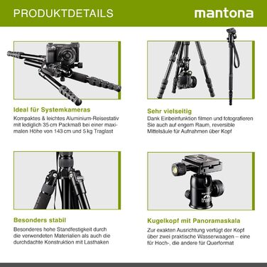 Штатив Mantona DSLM Travel - чорний, для камер, з кульковою головкою, до 5 кг