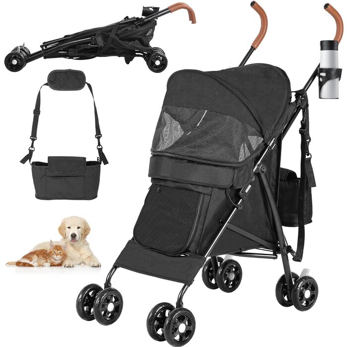 Візок для собак YITAHOME - чорний, до 11,3 кг, з сіткою, тримачем для напоїв, кошиком та переноскою