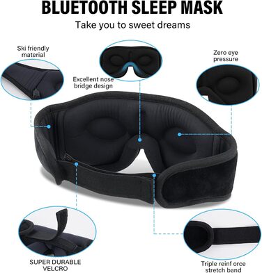 Маска для сну з Bluetooth-навушниками, 3D маска для сну, бездротова музична маска для сну для тих, хто спить на боці/спині, чорний колір