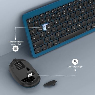 Бездротовий комплект клавіатури та миші Seenda SK38-3, ультратонкий, перезаряджуваний, ергономічний, з захистом від пилу, DE QWERTZ, чорний & зелений/чорний & темно-зелений (чорний & темно-синій)