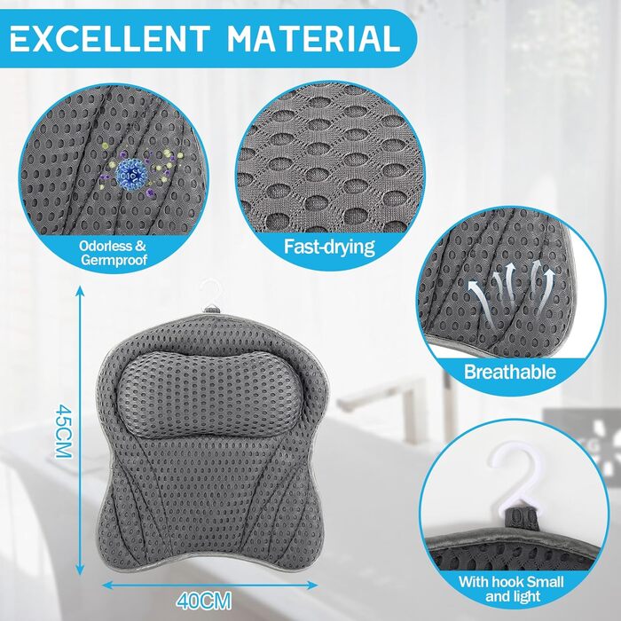 Подушка для ванни, подушка для шиї, ергономічна подушка для ванни з 8 присосками, для домашнього спа, підтримує голову, шию та спину