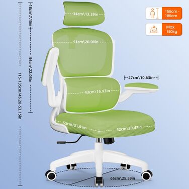 Ергономічне крісло для офісу з регульованою підголівником, підтримкою попереку та відкидними підлокітниками, крісло для начальника, 150 кг, функція гойдання до 135° (Зелений, Модель 2)