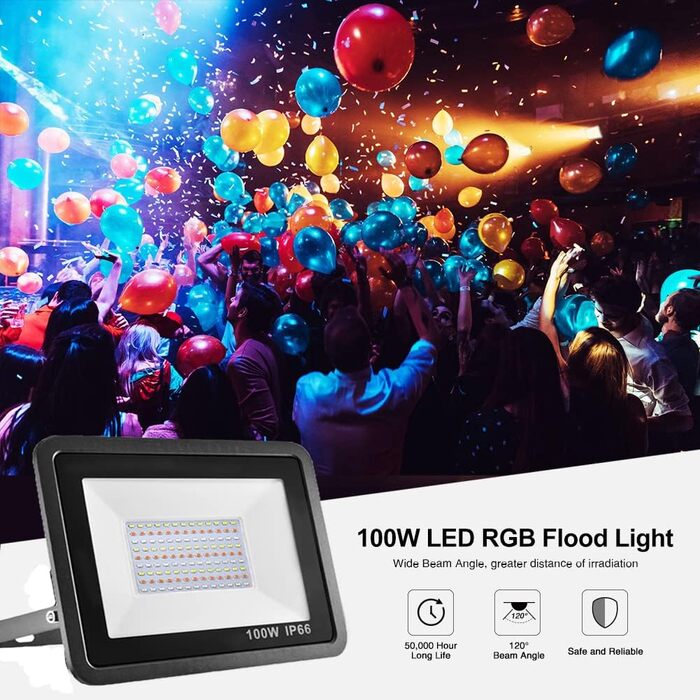 RGB LED прожектор 100 Вт для вулиці, водонепроникний IP68, 16 млн кольорів, 20 режимів, смарт керування, ландшафтне освітлення для саду