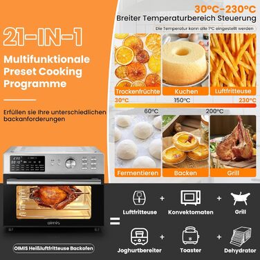 OIMIS Аерофритюрниця-духовка 30 л, 1800 Вт, 21 програма, мультифункціональна аерофритюрниця з попереднім нагрівом, Dual Cook, таймером, 7 аксесуарами, рецепти, нержавіюча сталь