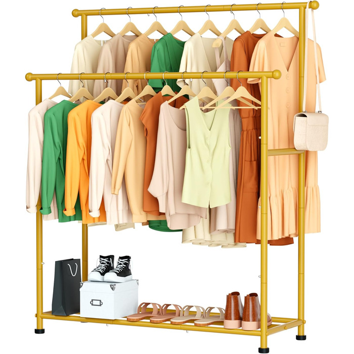 MISSLO Двоярусна вішалка для одягу, міцна конструкція, переносний гардероб для спальні, вітальні (Золотий)