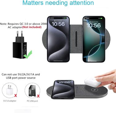 Бездротова зарядка 40W 2 в 1 для iPhone, Samsung, AirPods: швидка зарядка для iPhone 17/16/15/14/13/Pro/Pro Max, AirPods 4/3/Pro, Galaxy S25/Galaxy Buds (сірий)