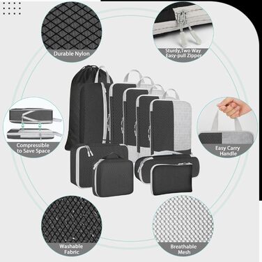 Органайзер для валізи Avmvnvc, набір 10 штук: кубики для пакування одягу, компресійні мішечки, органайзер для подорожей з косметичкою, для рюкзака та валізи, чорний