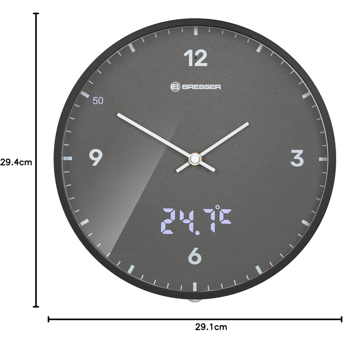 Bresser MyTime Radio-Controlled Wall Clock with Silent Movement, 24 cm Dial, LED Second Display, Indoor Temperature and Silent Radio Clock Movement, Grey