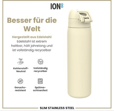 Ion8 Stainless Steel Drinking Bottle, 600 ml, Leak-Proof, One-Hand Operation, Secure Locking Mechanism, Dishwasher Safe, Flip-Top Lid, Carrying Handle, Easy to Clean, Durable & Scratch-Resistant (Stainless Steel, Creamy White)