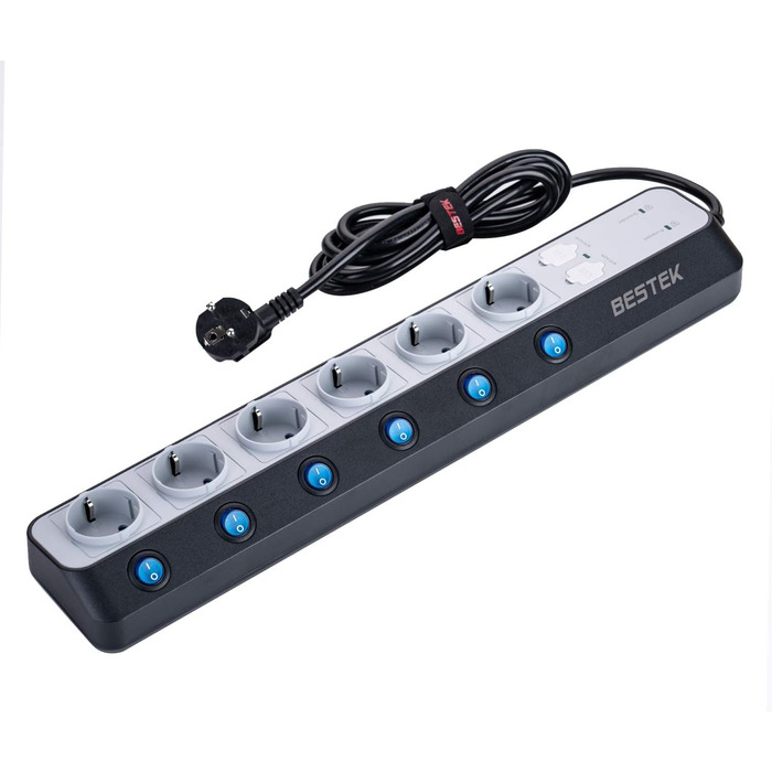 BESTEK 6-фазна мережева стрічка з USB, захист від перенапруги 900 Дж, монтаж на стіну, синьо-біла, кабель 1.8м