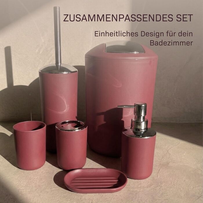 Набір аксесуарів для ванної кімнати 6 предметів, пластик, червоний: туалетний набір, кошик для сміття, стакан для зубних щіток, мильниця, дозатор для мила, декор