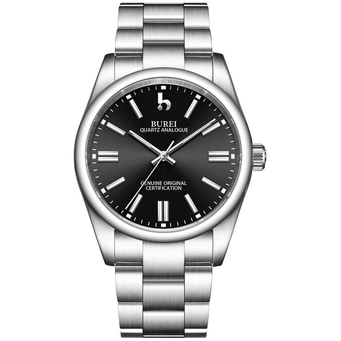 Годинник чоловічий BUREI - елегантний кварцовий годинник з нержавіючої сталі (чорний/сріблястий)