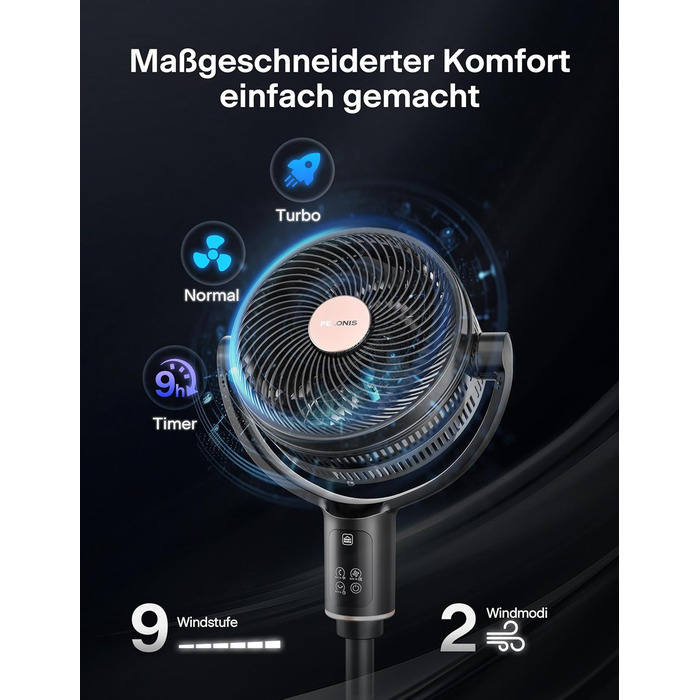 PELONIS Smart вентилятор підлоговий з осциляцією, DC мотор, 9 швидкостей, 26dB, регульована висота 36-110см, 9H