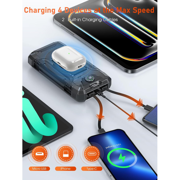 Портативний зарядний акумулятор Solar Powerbank 49800mAh з сонячною панеллю, PD 30W, USB-C, бездротова зарядка 15W, LED-індикатор, ліхтарик, 4 виходи, 2 входи, чорний