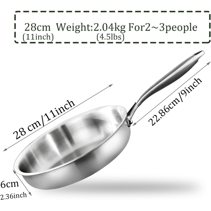 Сковорода з нержавіючої сталі 28 см, 3-шарова, без шкідливих речовин, швидко нагрівається, економія енергії 20%, термостійка до 400°C, для всіх типів плит