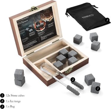 Набір кам'яних кубиків для віскі - 12 багаторазових кубиків з базальту, щипці + тканинний мішечок. Аксесуари для бару, коктейлів, віскі, джину. Декоративні кубики, подарунок. Базальтові кубики для віскі, 12 шт.