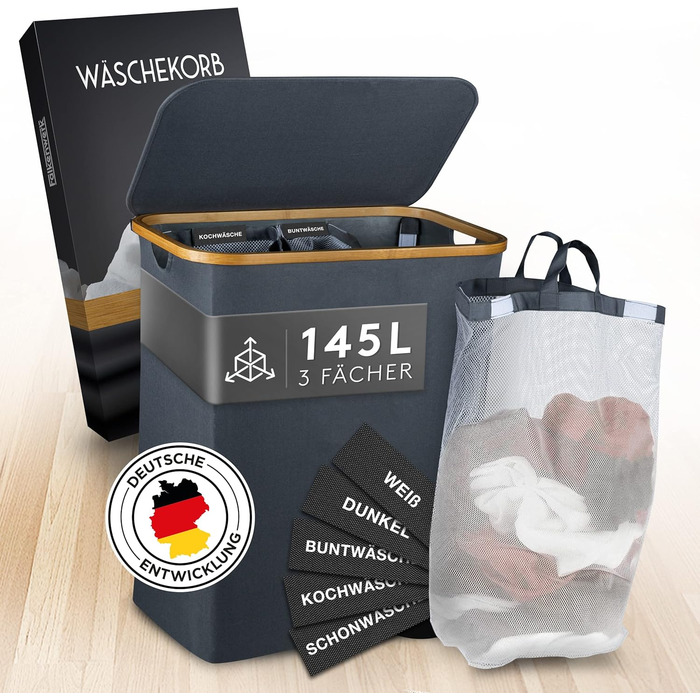 FALKENWERK Laundry Basket with Lid 145L - Water-Repellent Laundry Collector with 3 Compartments & Removable Laundry Bags - Foldable Laundry Box with Washing Instructions - Laundry Basket 3 Compartments