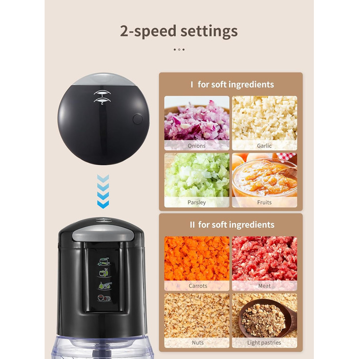 Електричний міні-подрібнювач 500 мл, кухонний комбайн 300 Вт з 4-ма нержавіючими лезами та 2 швидкостями, мультиподрібнювач для овочів, м'яса, горіхів, соусів та дитячого харчування