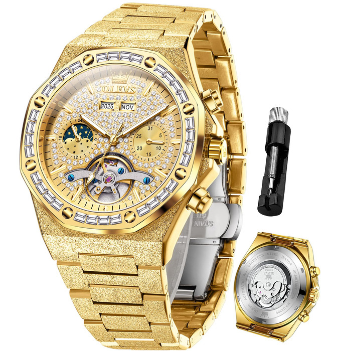 Чоловічий наручний годинник OLEVS G9805 аналоговий, сталевий ремінець, золотий колір, водонепроникний, з календарем та підсвіткою