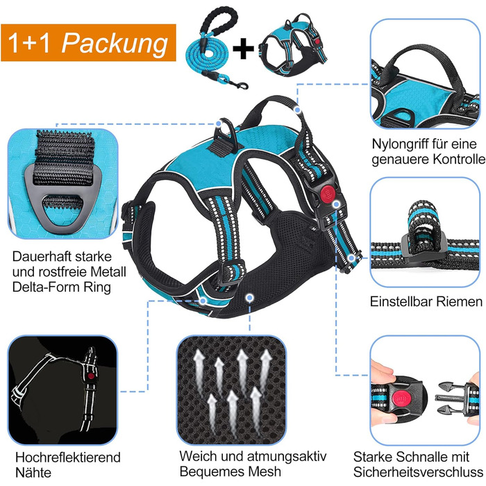 Нашийник для собак Haapaw без натягу, регульований, світловідбиваючий, Оксфорд, зручне керування, середній розмір, міцна собача лінія, синій (1 шт.)