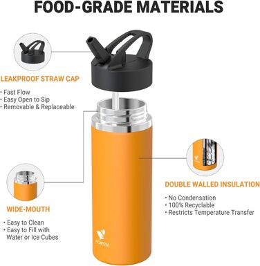 AORIN Stainless Steel Water Bottle, 500ml/750ml/1L Leak-Proof Water Bottle with Straw, BPA-Free Drinking Bottle for Kids, Vacuum Insulated Thermos for Sports, School, Fitness, Outdoor (1000 ml, Mango)