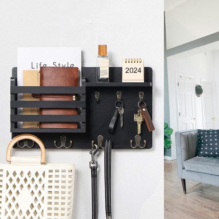 Настінна вішалка для ключів з дерев'яною поштою та полицею, ключниця на стіну, дерев'яне ключове тримач, 4 гачки, рустикальний декор для входу, передпокою, офісу, чорний