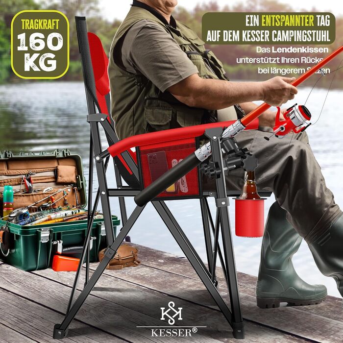 Крісло для кемпінгу KESSER® з високою спинкою, 160 кг, з підлокітниками, тримачем для напоїв та світлом | Стільці для риболовлі, відпочинку на пляжі