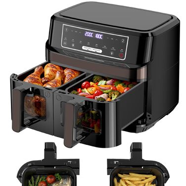 Аерофритюрниця подвійна 10л з оглядовим вікном Heißluftfritteuse 2600W, 8 в 1, сенсорне управління, до 200°C