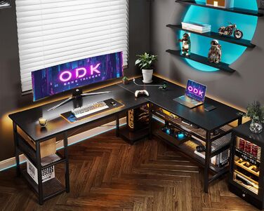 Ігровий стіл ODK L-подібний, чорний, з розетками та USB, 168×120 см, з великим простором для зберігання