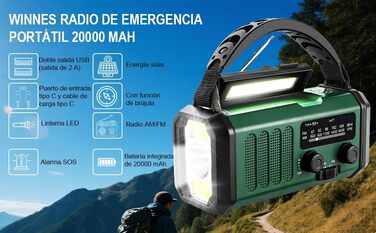 Радіостанція на сонячній енергії з живленням від ручки 20000 mAh з SOS-сигналом, FM/AM, ліхтарик, компас, для кемпінгу та надзвичайних ситуацій (зелене)