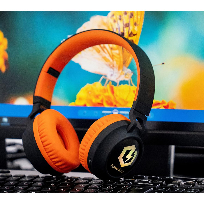 Дитячі навушники PowerLocus Bluetooth Over-Ear з LED-підсвіткою та обмеженням гучності 85dB. Бездротові та провідні, з мікрофоном для телефону, планшета, ПК, ТВ (Помаранчеві)