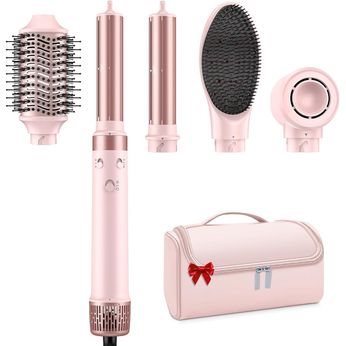 Фен-стайлер 5-в-1 для волосся з іонізацією, набір з насадками, швидка сушка, локони, випрямлення, об'єм, без пошкодження волосся, 100–240V, з сумкою, рожевий