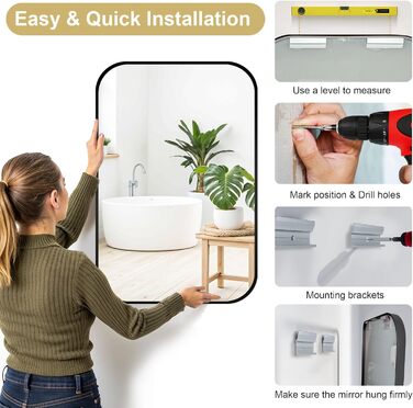 Дзеркало для ванної кімнати на стіну, титан, металевий каркас, з заокругленими кутами, прямокутне, 40,6 x 50,8 см