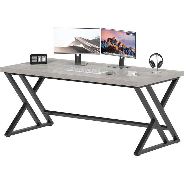Long Computer Desk - Industrial Design Study Table for Home Office - Wood Top - 140 x 60 x 75.5 cm