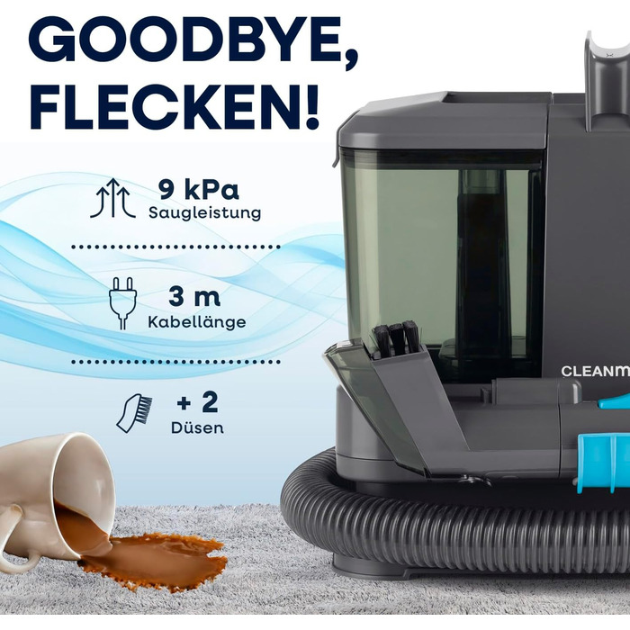 CLEANmaxx Професійний пароочисник для меблів та килимів Pro Steam | 3-в-1: очищувач меблів, точковий очищувач, пральний пилосос | Видаляє плями з килимів, авто, диванів тощо. (Чорний з шампунем, компактний 330W)