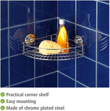 WENKO Vacuum-Loc Corner Shelf Bari, Corner Wall Shelf, Mounting without Drilling with Vacuum, Chrome-plated Metal, 35 x 9 x 22.5 cm