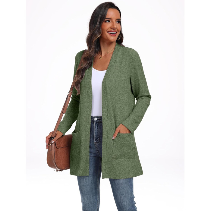 Жіночий в'язаний кардиган QIXING з кишенями | Легкий, елегантний, теплий | Зелений | для осені та зими