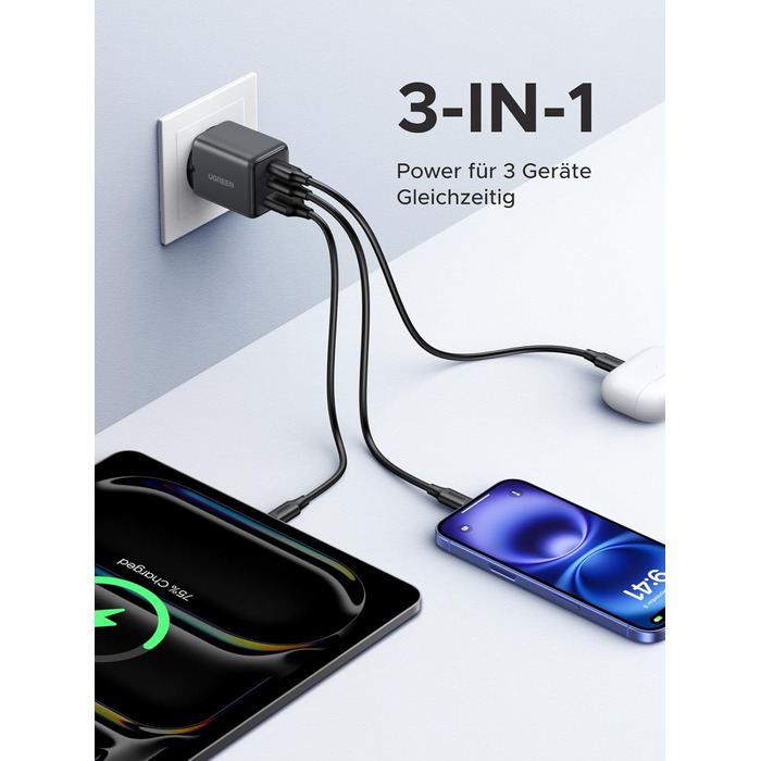 Зарядний пристрій UGREEN 30W USB-C з 3 портами GaN II для iPhone, iPad, Galaxy, Pixel - Швидка зарядка PD