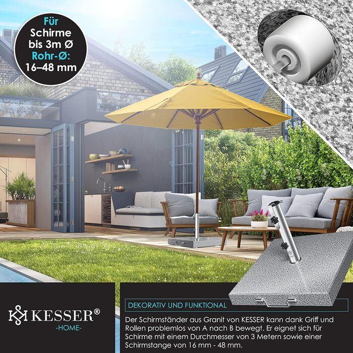KESSER® Granit Parasol Stand with Stainless Steel Tube, High-Quality Umbrella Stand Square Base 30KG - for Umbrella Poles up to 16-48 mm, Incl. Carrying Handle Garden Balcony Parasol Stand, Grey