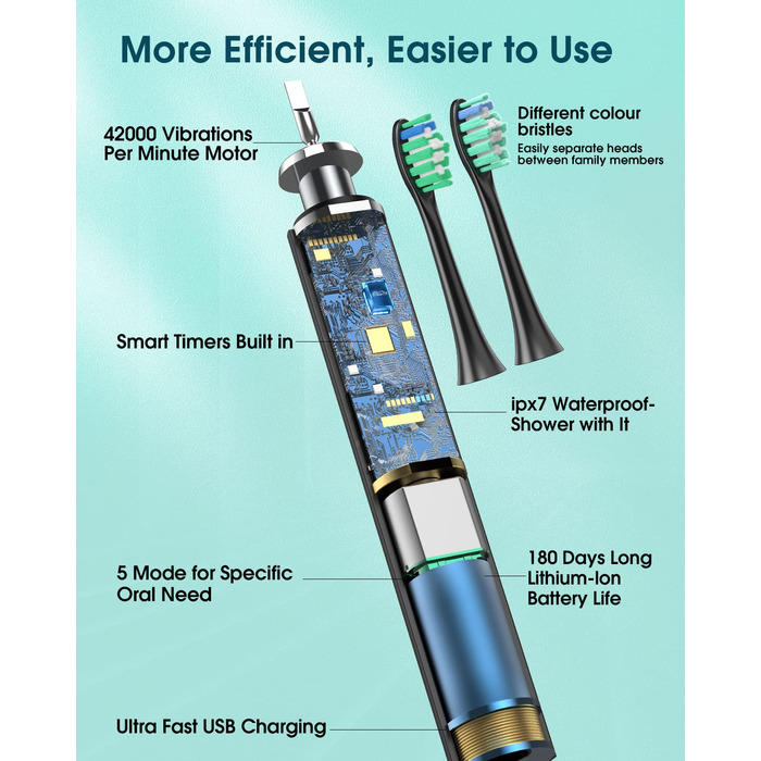 Електрична зубна щітка для дорослих з 6 насадками, перезаряджувана звукова щітка, чорна (1 шт.)