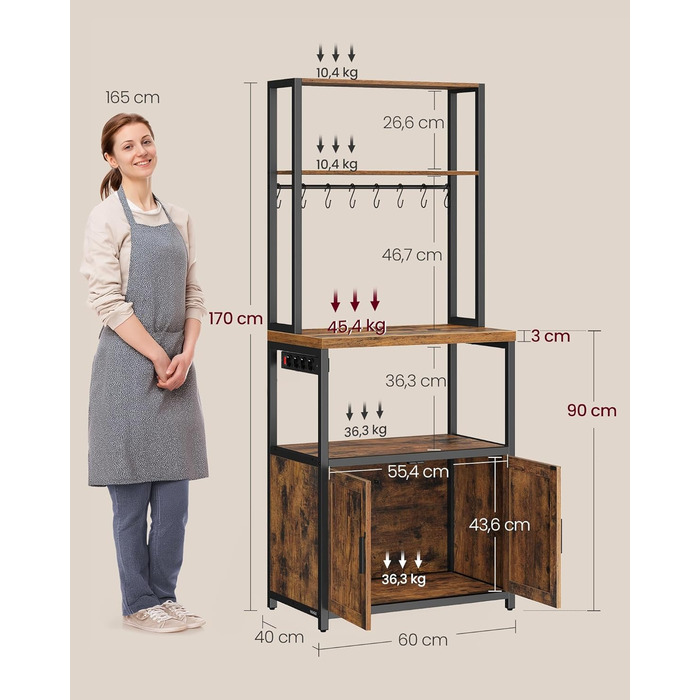 Полиця кухонна VASAGLE з розетками, кухонна шафа, робоча поверхня 90 см, стелаж з 8 гачками, 40 x 60 x 170 см, вінтажний коричневий + чорний, KKS058K02