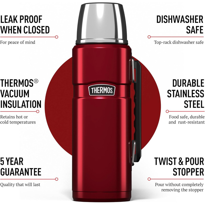 King Stainless Steel Flask with Handle - 1.2L / 1200ml - Cranberry Red
